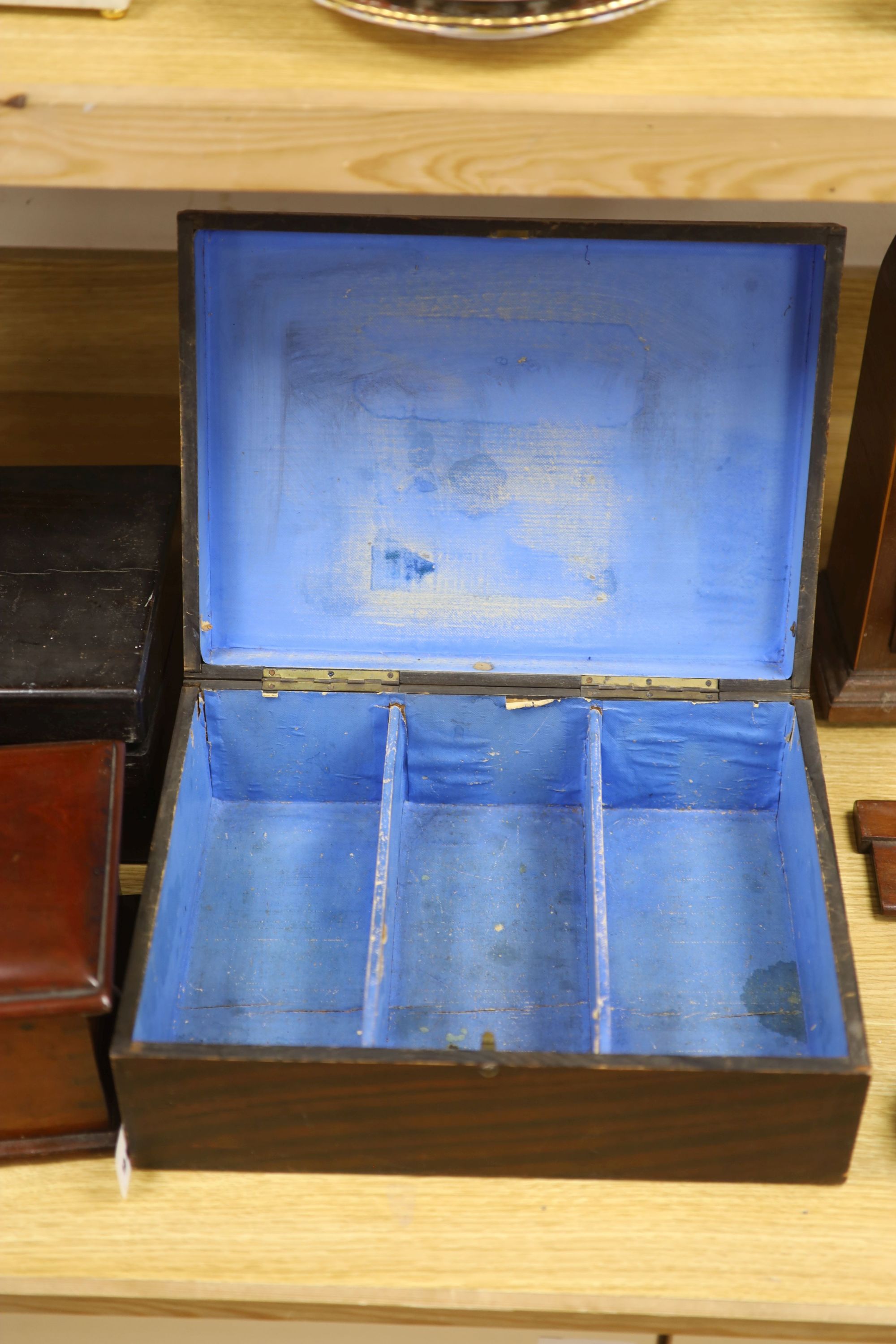 Two 19th century boxes and a Victorian coromandel writing slope, 35cm